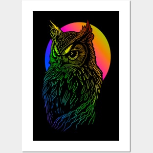 Rainbow colored owl with colorful full moon. Posters and Art